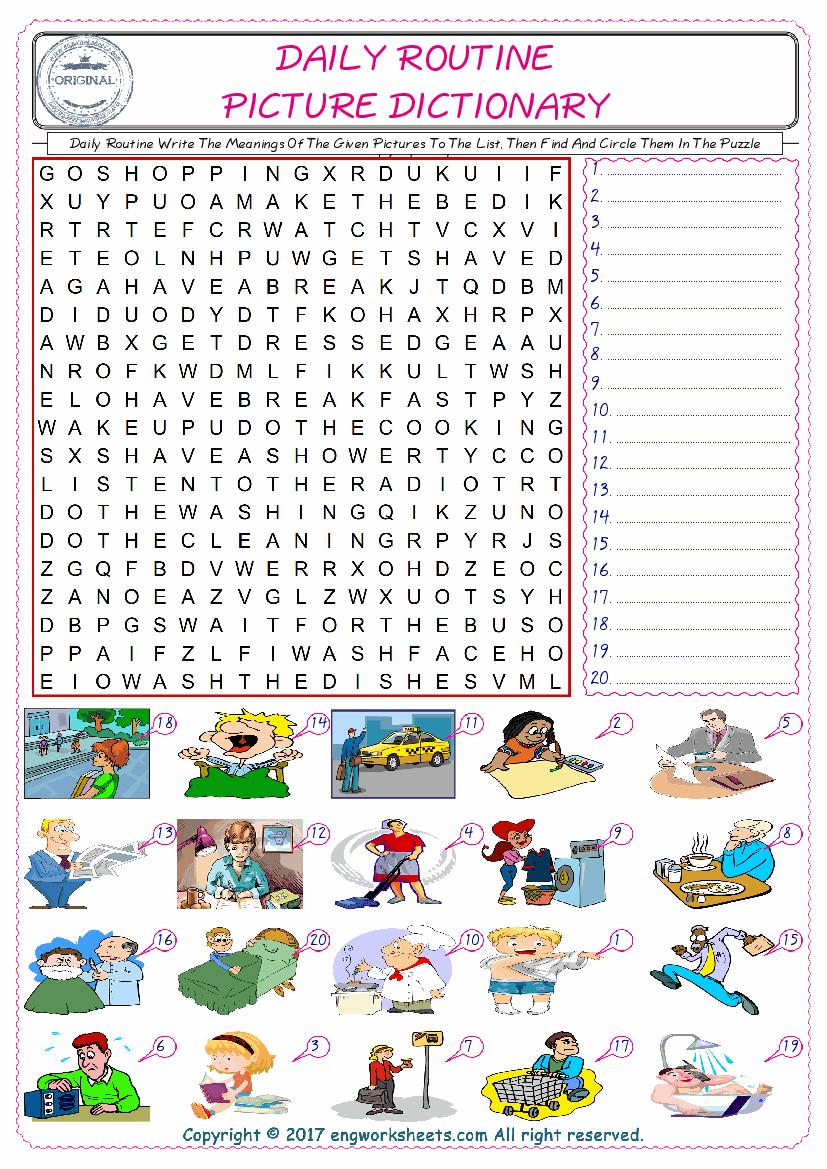  For kids, check the picture of Daily Routine find, and write the word and find it in the word puzzle ESL printable worksheet. 
